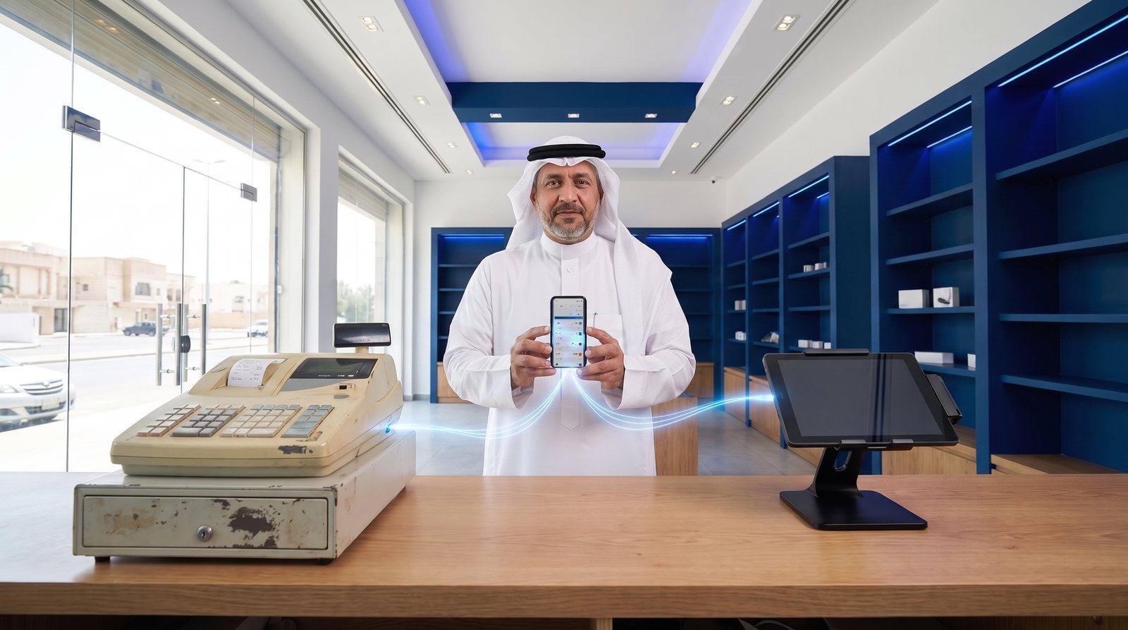 تاجر سعودي بين صندوق نقد قديم وجهاز نقاط بيع حديث، وكلاهما يُصدر فاتورة رقمية