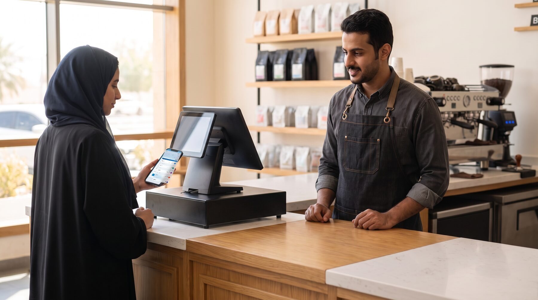 The same cashier and counter with no paper — the customer views her digital receipt on her phone