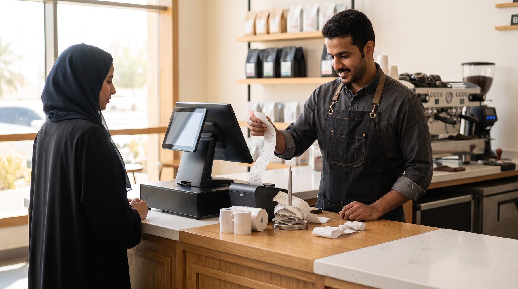 A café cashier hands over a thermal paper receipt beside a printer, a paper roll, and crumpled receipts