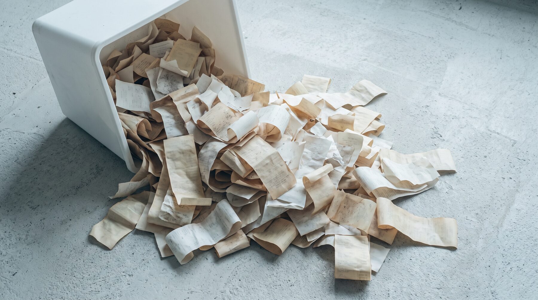 A tipped-over bin overflowing with hundreds of thermal paper receipts