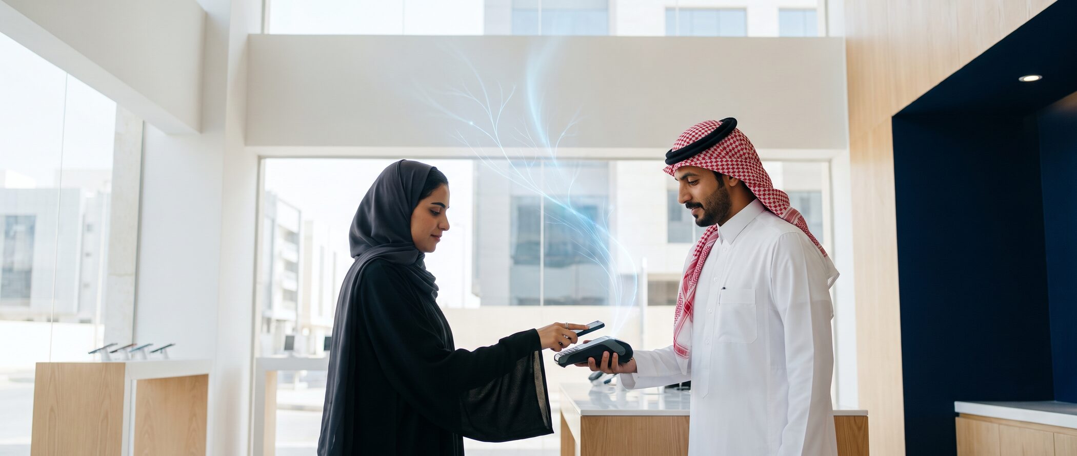 عميلة تدفع بجوالها على جهاز الدفع لدى تاجر سعودي، والفاتورة تنتقل عبر الشبكة