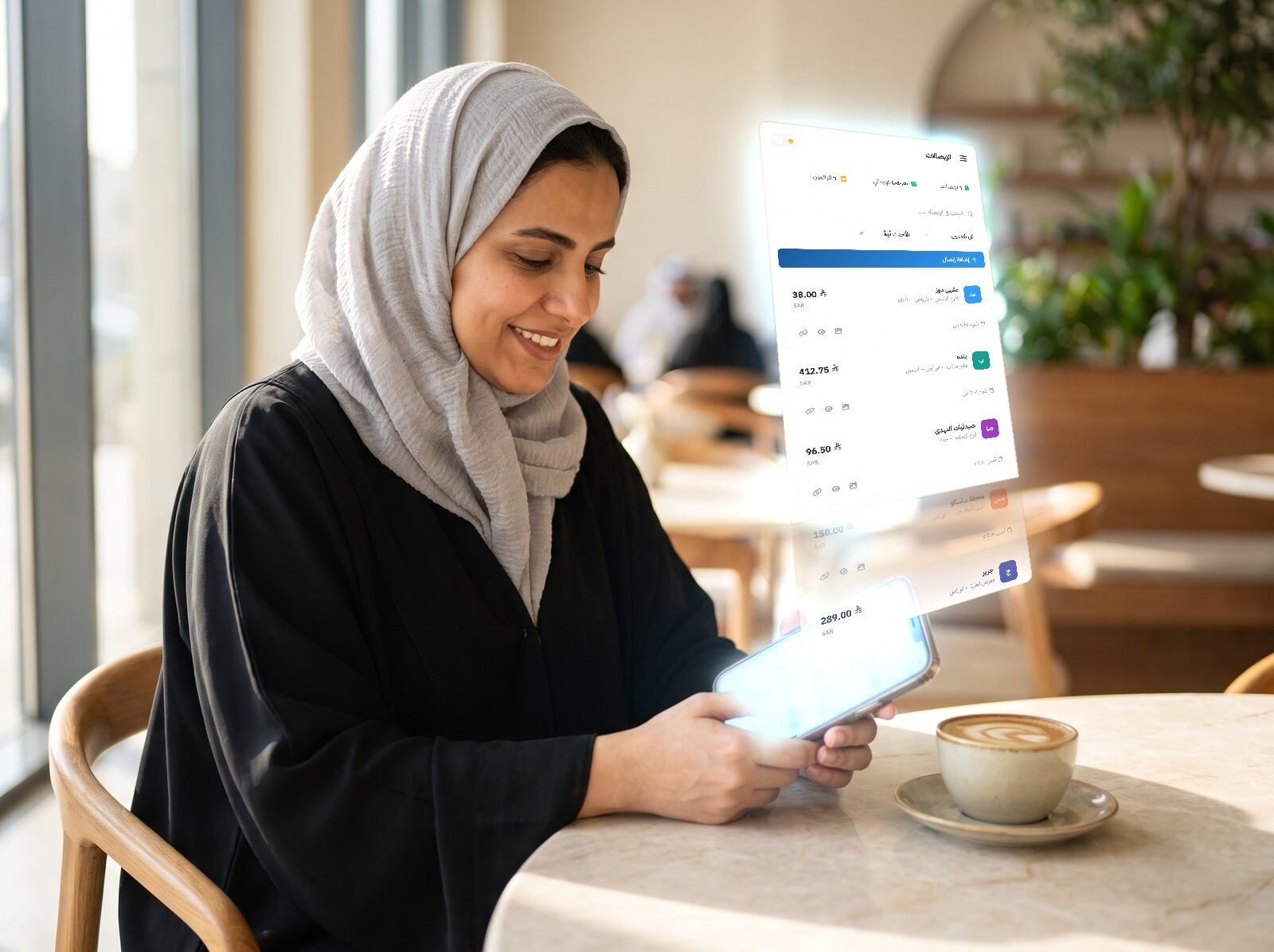 A customer in a café browsing her digital receipts in the Wateer app